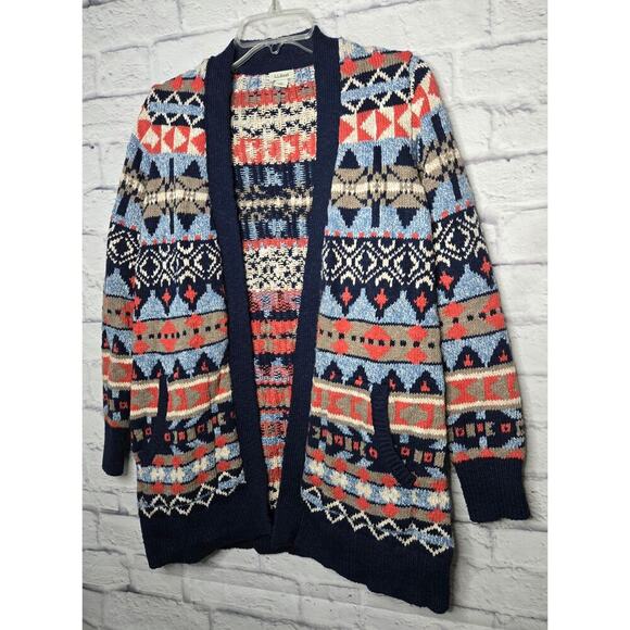 L.L.BEAN women's cotton fair isle western Aztec print knit cardigan MP. - Picture 2 of 10